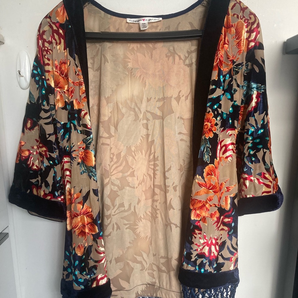 Velour Floral Print Kimono Small with Tassels